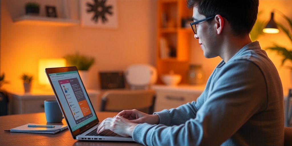 Person utilisant un ordinateur avec une interface de chatbot.