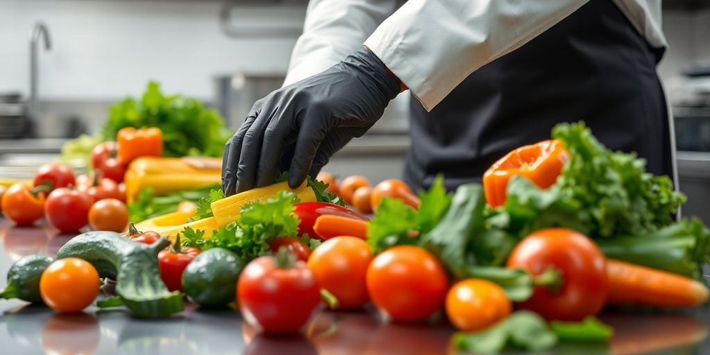 Cozinheiro inspecionando higiene de alimentos frescos