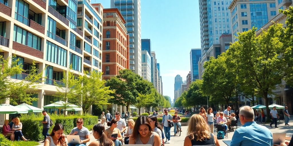 Modern cityscape with digital nomads working outdoors.