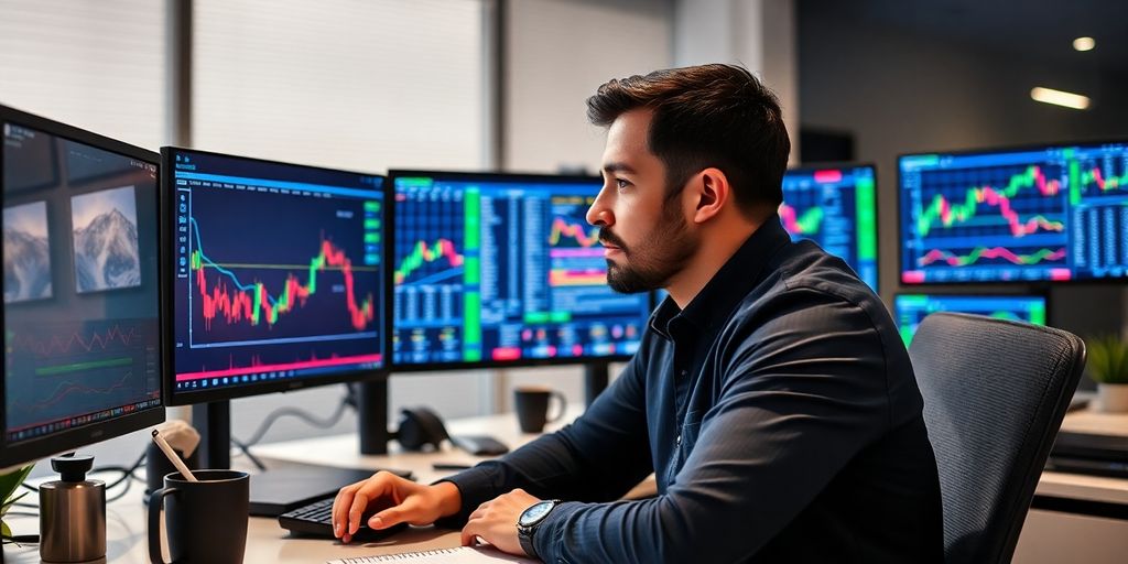 Trader at desk with monitors and trading platform interface.
