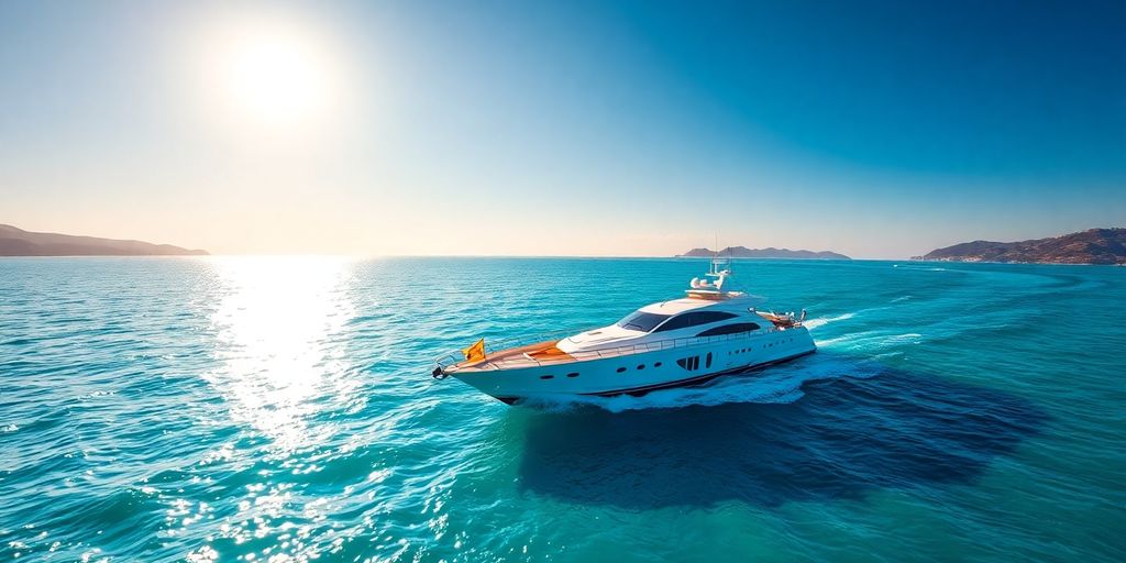 Luxury yacht sailing crystal blue Mediterranean waters.