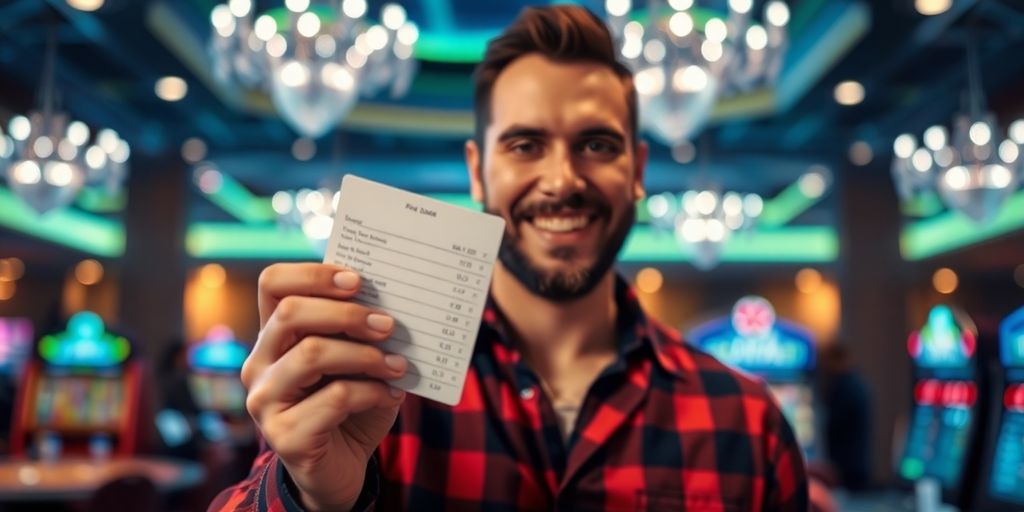 Man smiling, holding a betting slip.