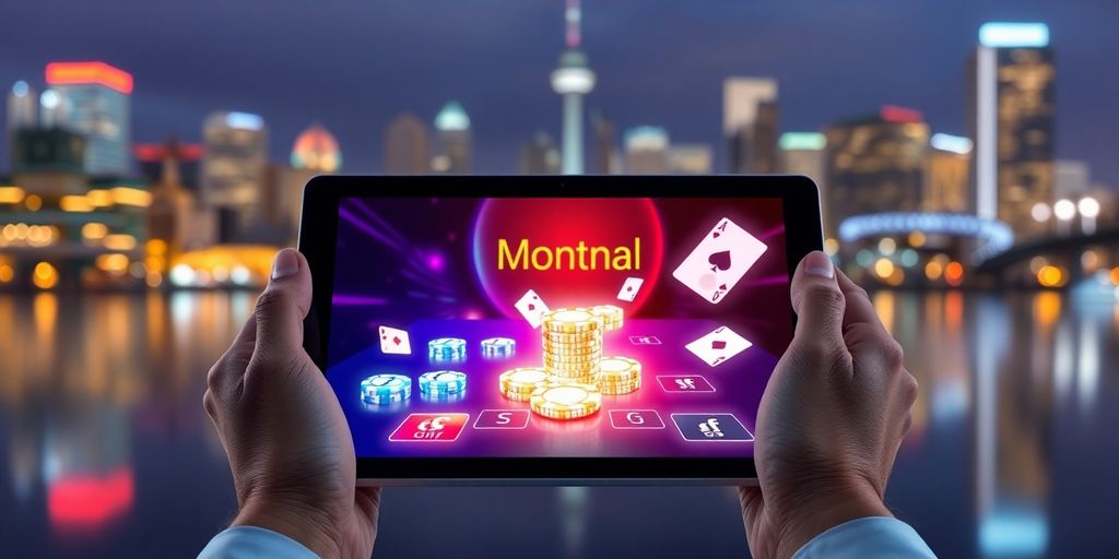 Jeu de casino futuriste sur tablette, vue sur Montréal.
