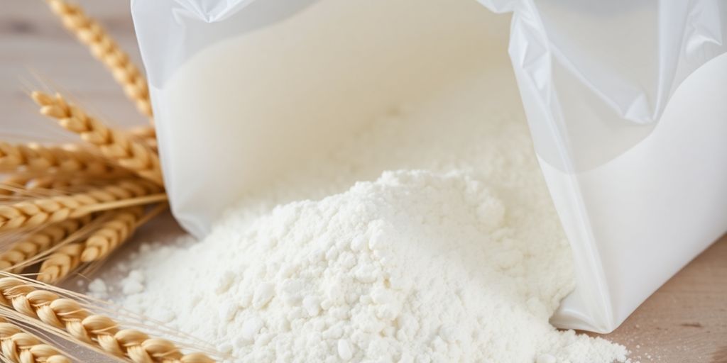 Bag of white flour with wheat stalks.