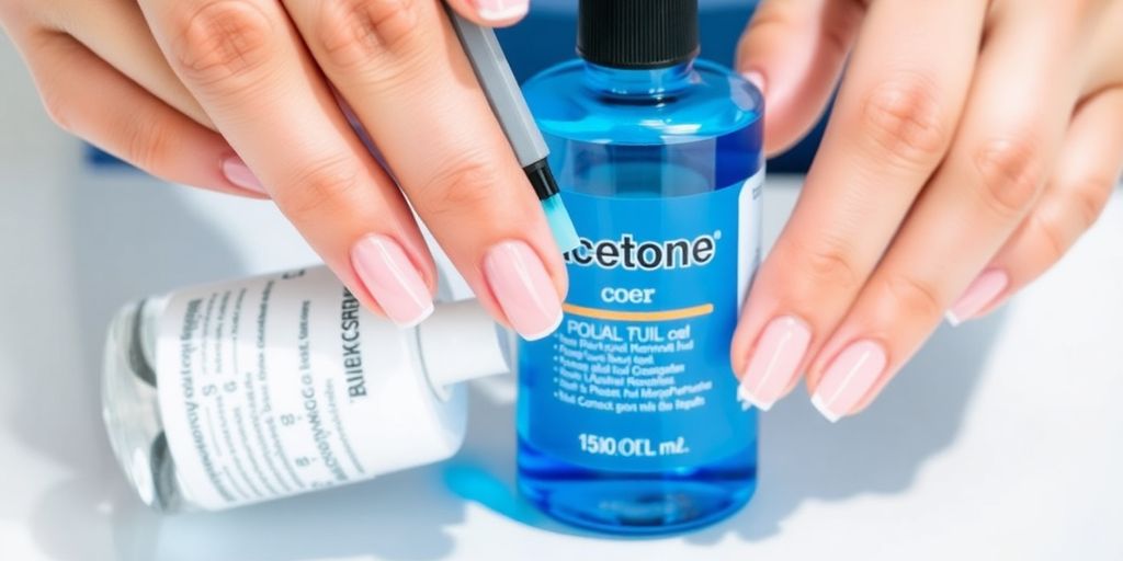 Mãos removendo esmalte de gel com acetona.
