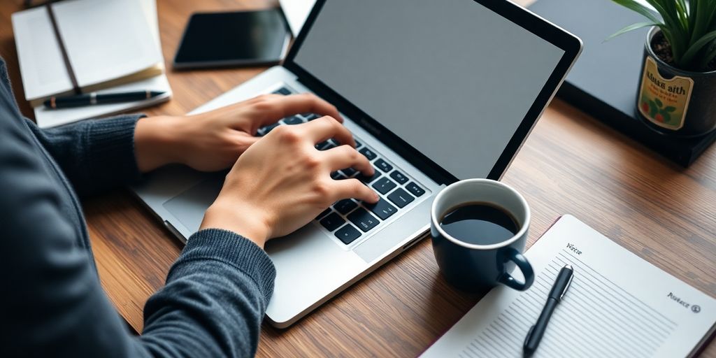 Person typing on a laptop in a creative workspace.