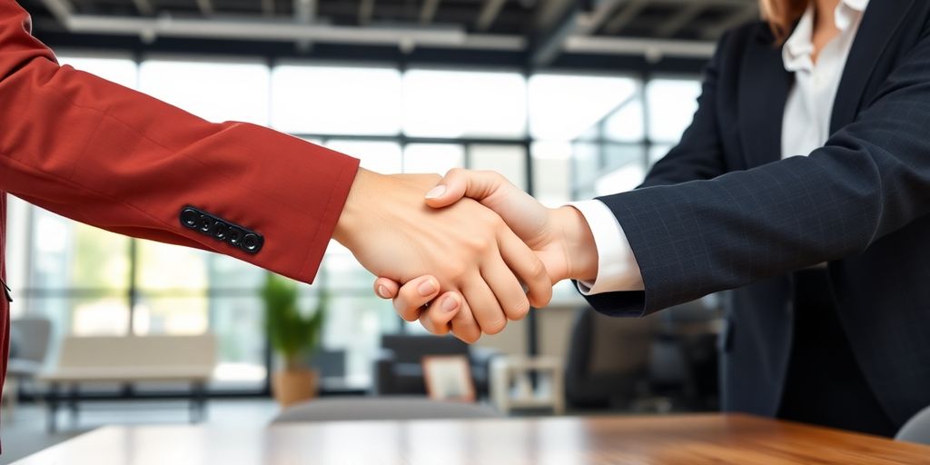 Realtor and client shaking hands in an office.