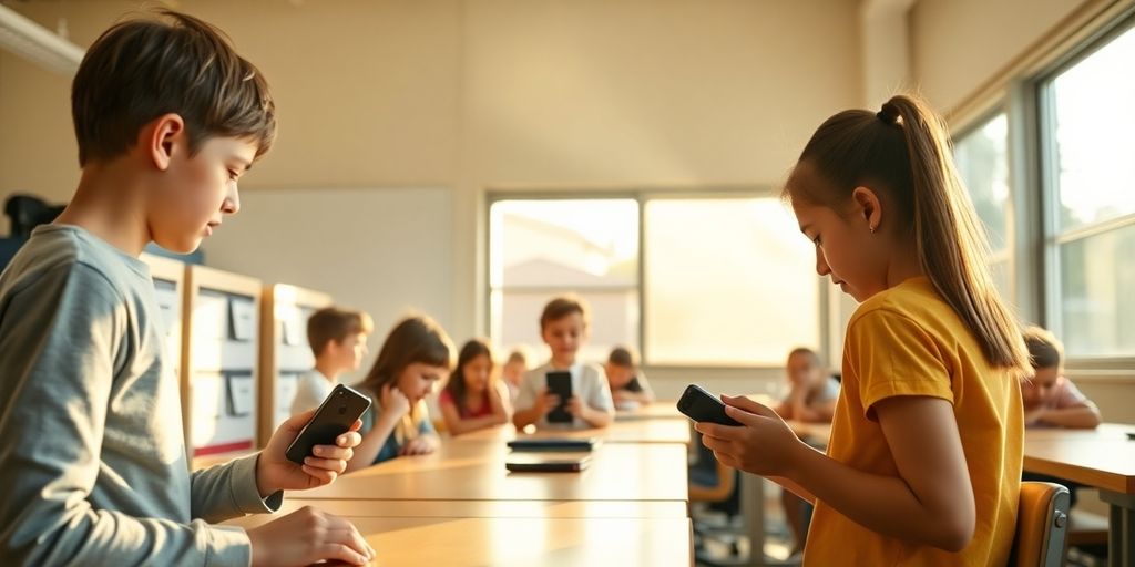 Élèves rangeant leurs téléphones dans des casiers dans une salle de classe.