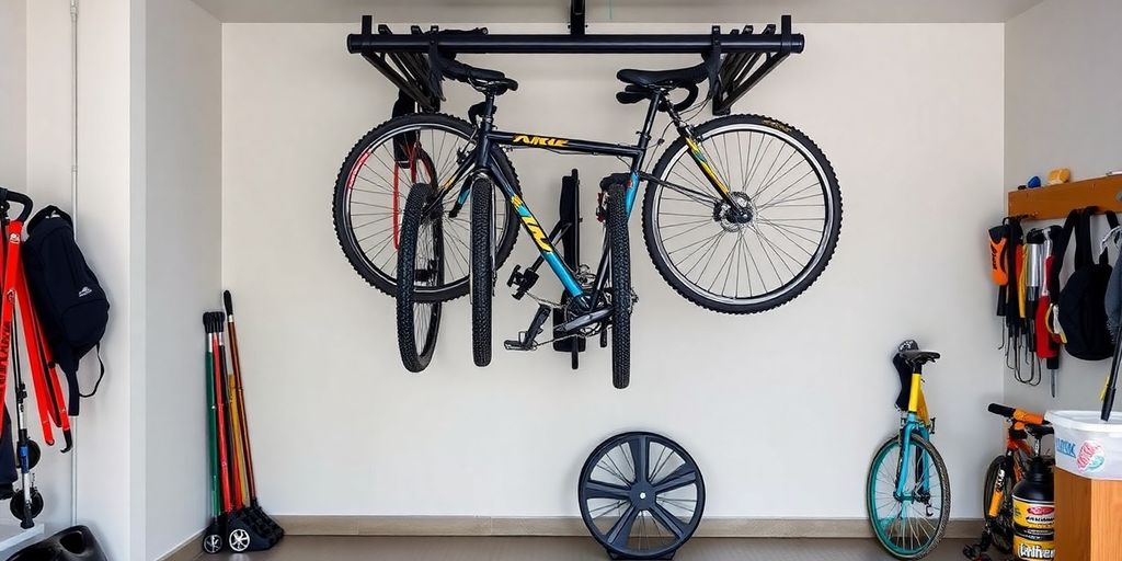 Compact bike rack in a garage with multiple bikes.
