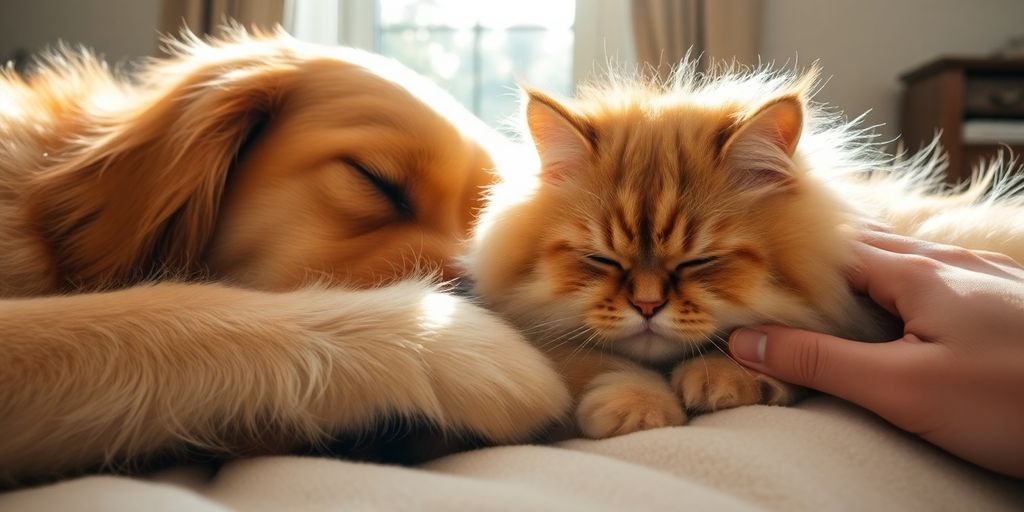 Happy pets relaxing with a pet sitter