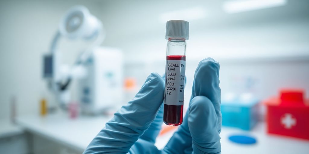 Blood sample vial, gloved hand, laboratory setting.