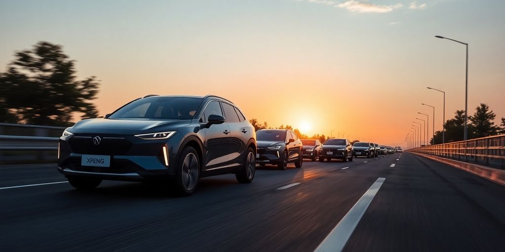 Xpeng electric cars on a road.