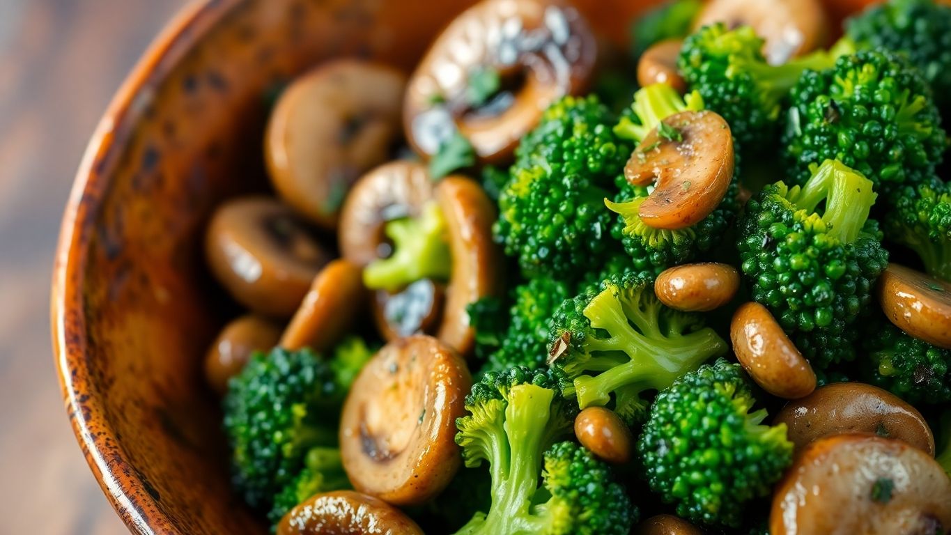 Refogado de brócolis e cogumelos em uma tigela rústica.