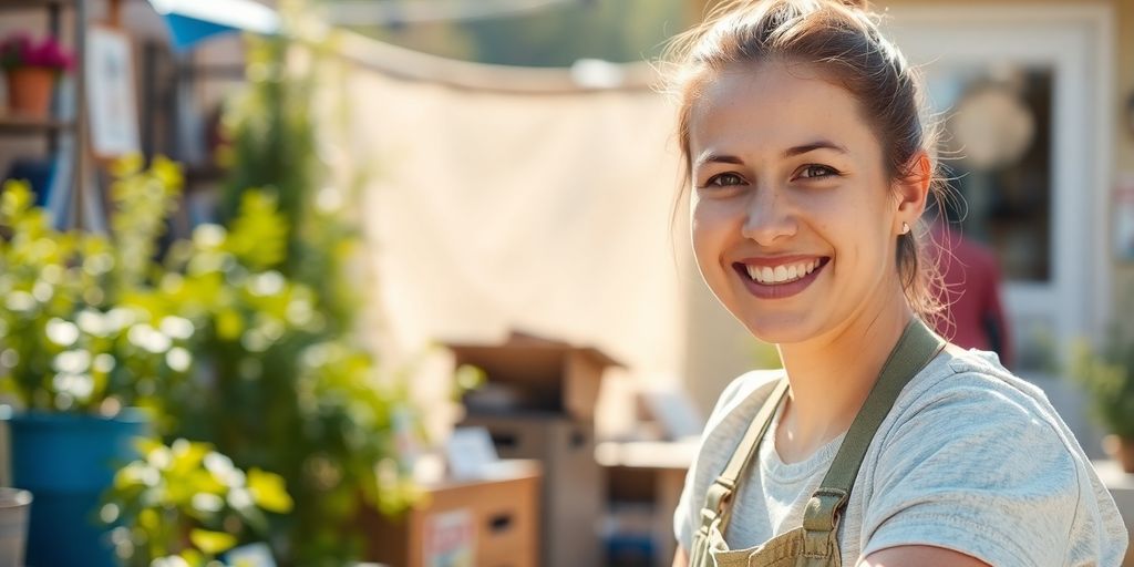 Person working on weekend job, smiling