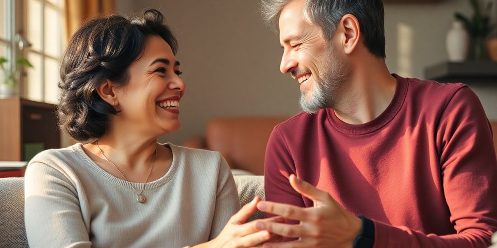 Person smiling, connecting with another person.