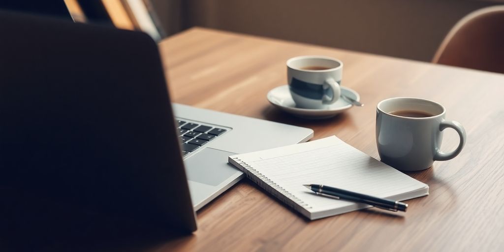 A workspace with a laptop and notepad.
