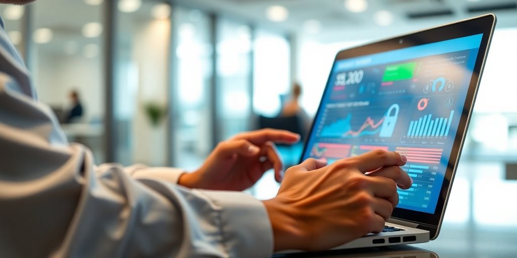 Person analyzing data on laptop in modern office.