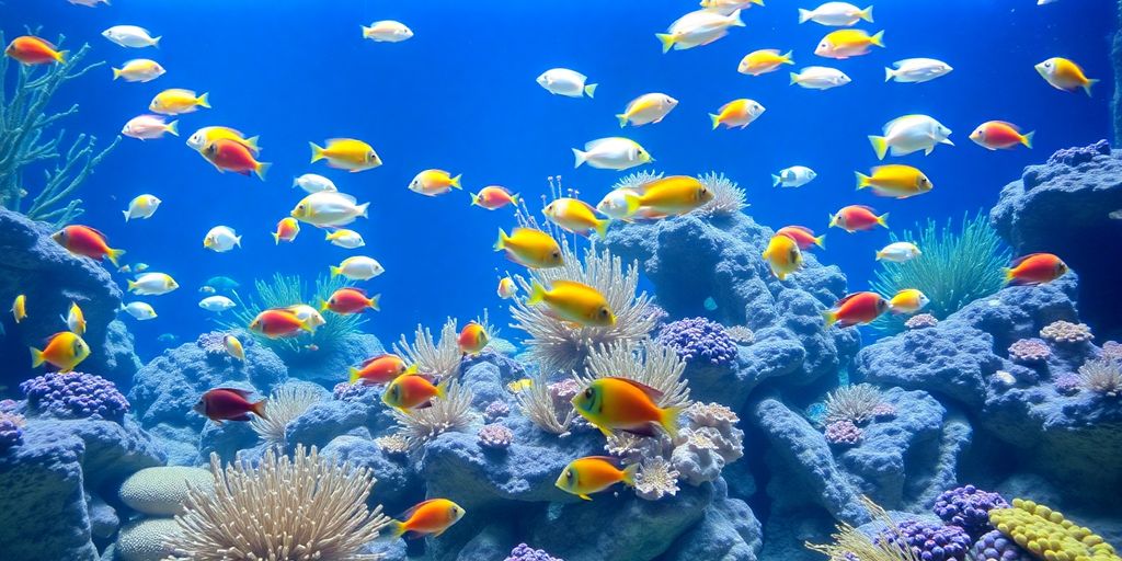 五彩斑斓的盐水鱼在生动的水族馆环境中。