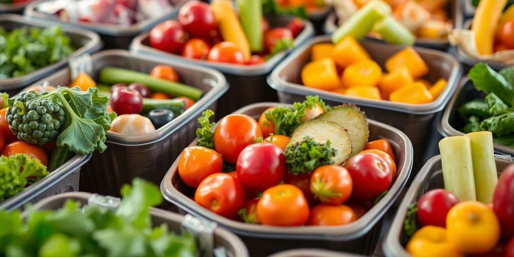 Compostable containers brimming with colourful market produce.