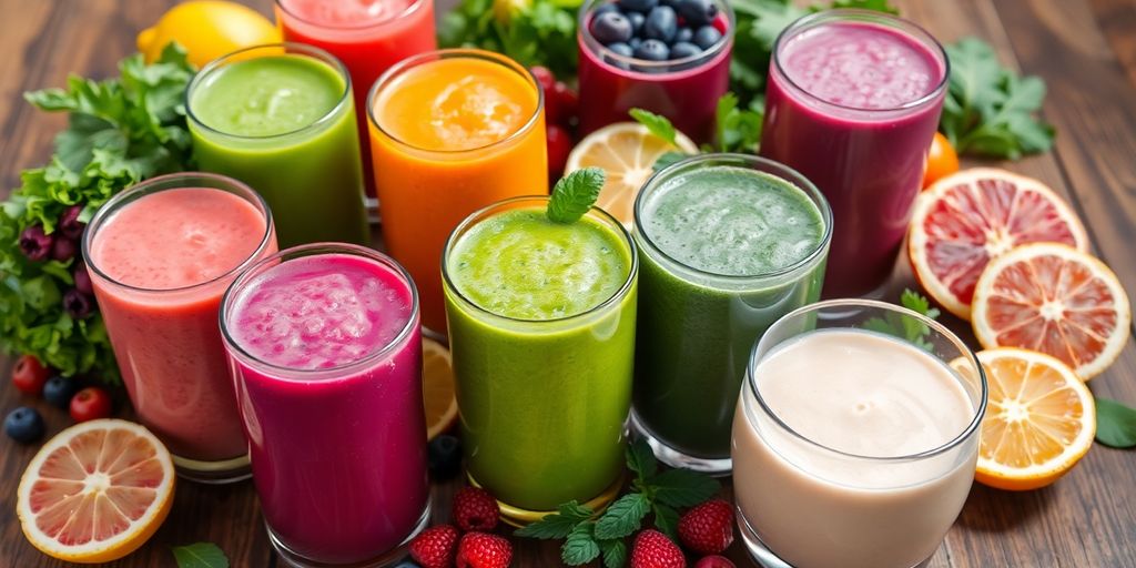 Colorful smoothies with fruits and vegetables on a table.