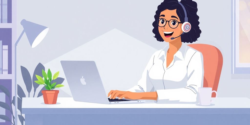 Smiling remote customer service associate at home desk with headset.