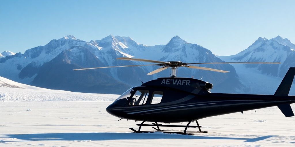 A helicopter landed on a vast Alaskan glacier near mountains.