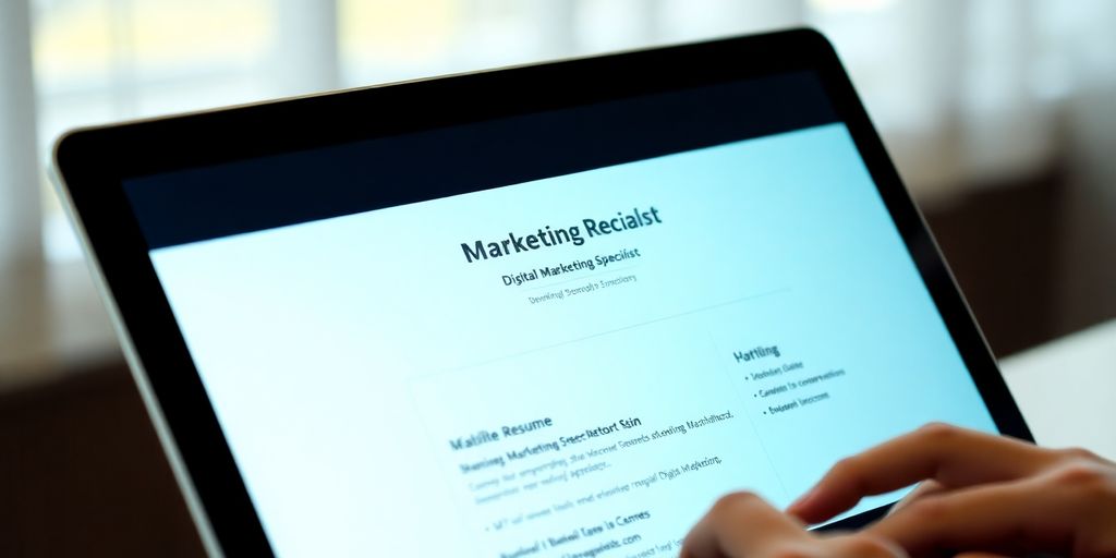 Laptop with digital marketing resume on screen.