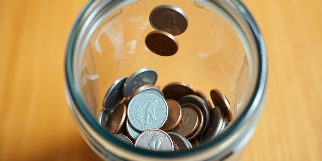 Coins falling into a money jar.