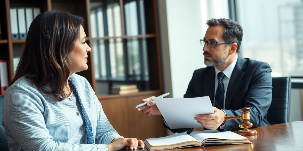 Attorney consulting with client in a legal office.