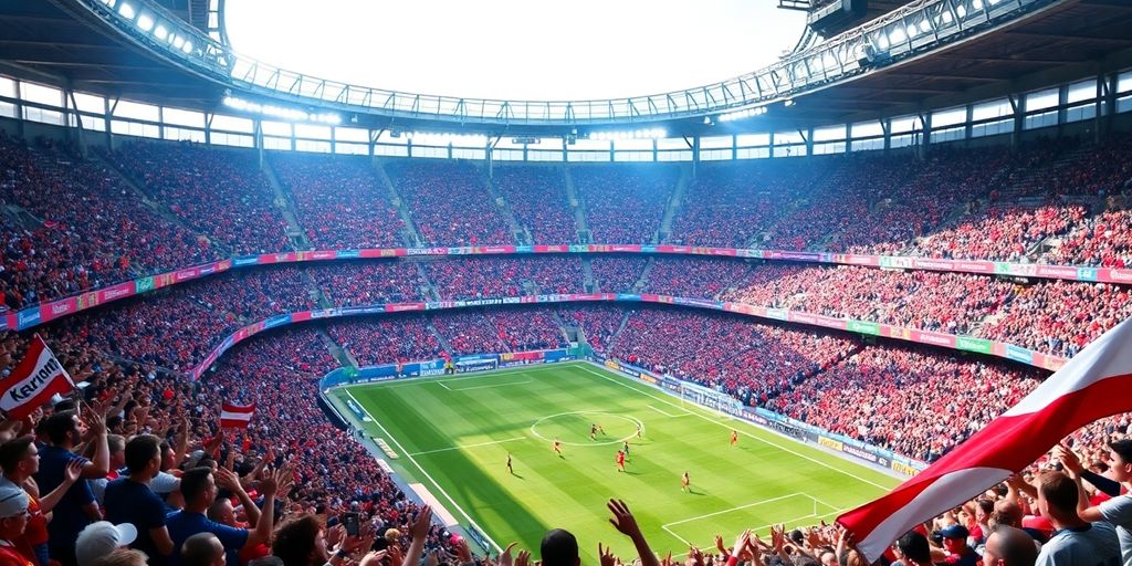 Soccer stadium with fans and players during a match.