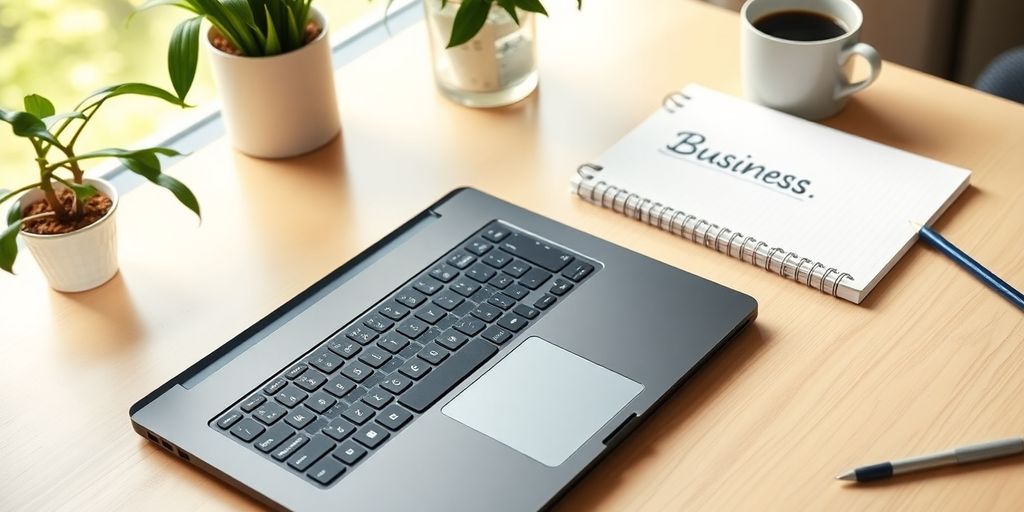 A bright office with laptop and notepad for planning.