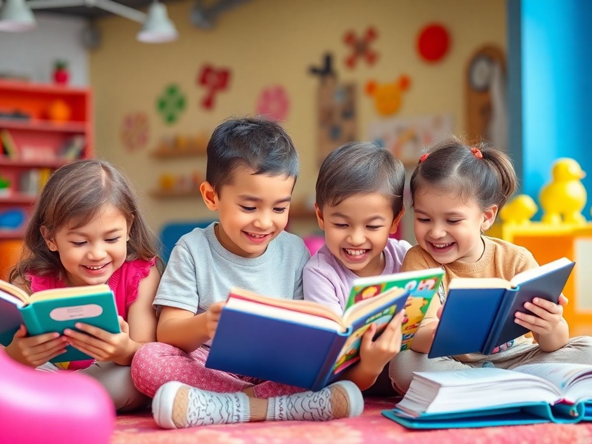Copii citind cărți digitale cu zâmbete pe fețe.