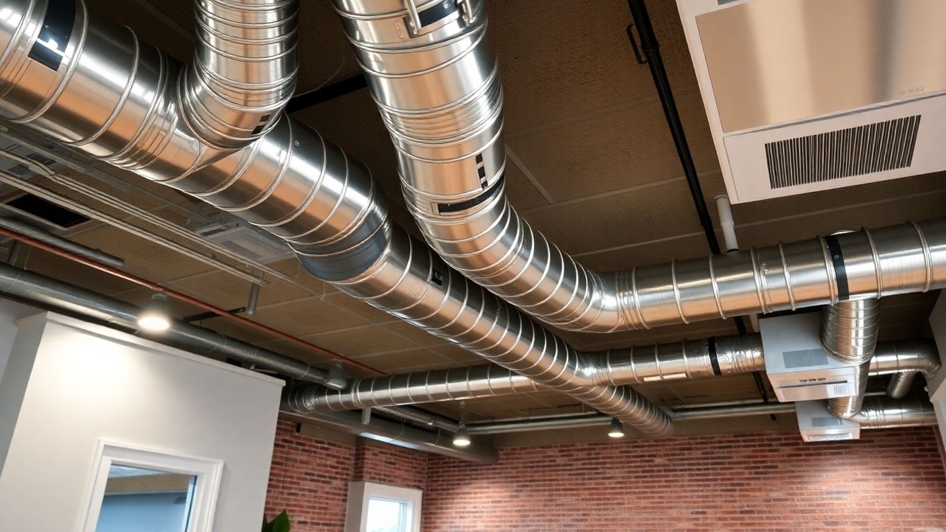 Modern HVAC ducts in a well-lit home basement ceiling.