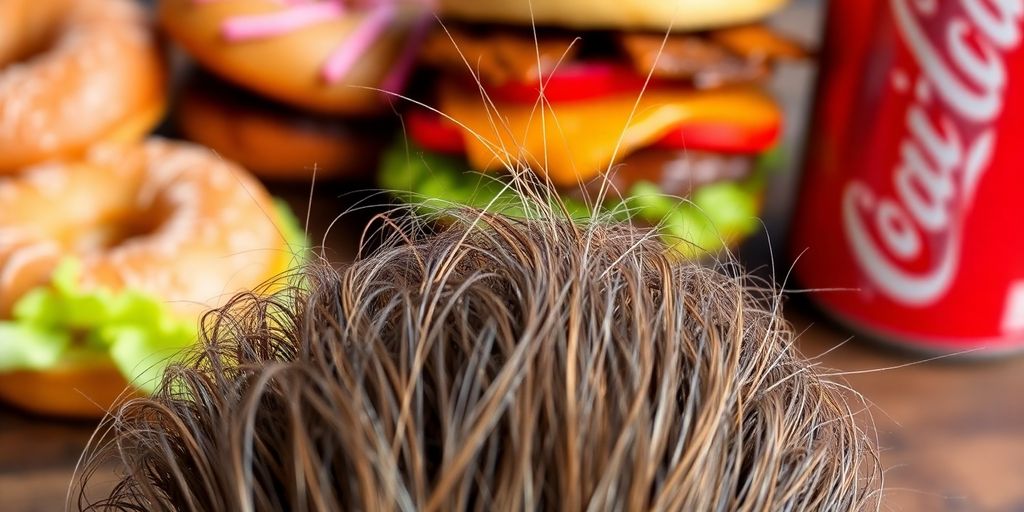 Hair strands on a brush with unhealthy food.