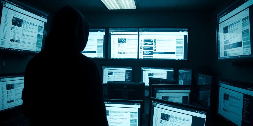 Dark web forum interface with shadowy figures.