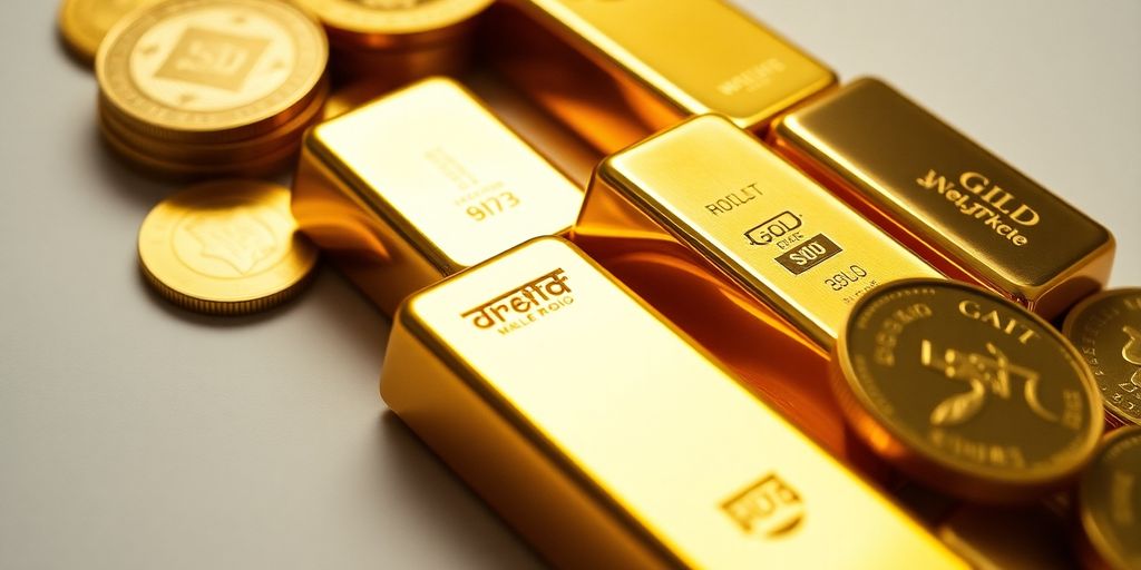 Barres et pièces d'or brillantes sur fond neutre.