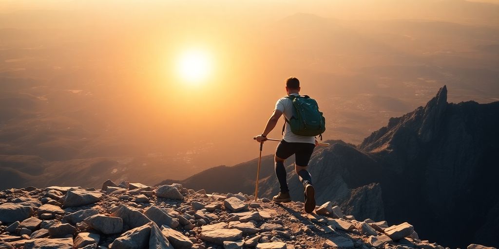 Person climbing a steep mountain pathway toward the sun.