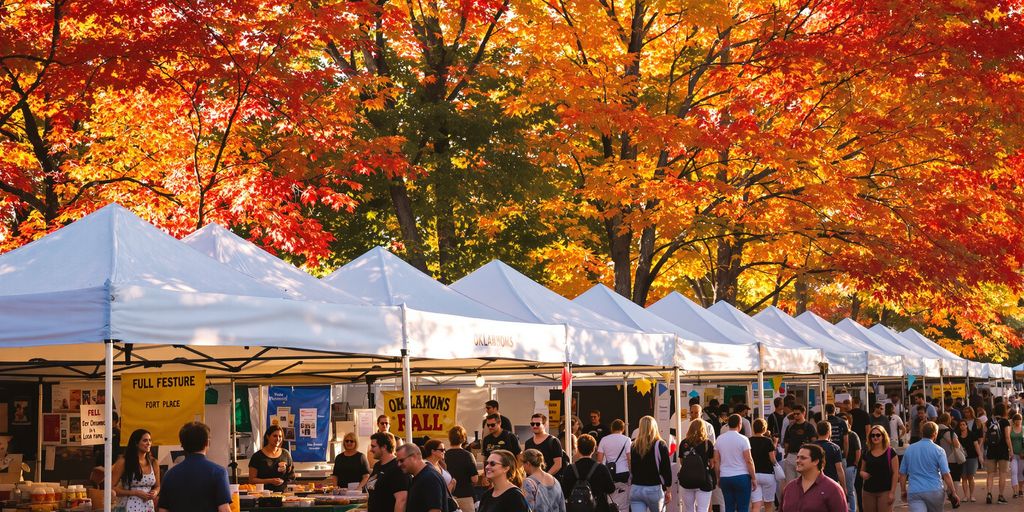 Vibrant autumn leaves frame a lively festival scene.