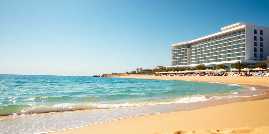 Plage ensoleillée, mer Méditerranée, hôtel moderne, sable chaud