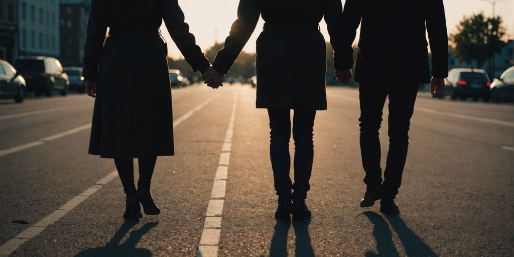 Couple holding hands with multiple shadows behind them.