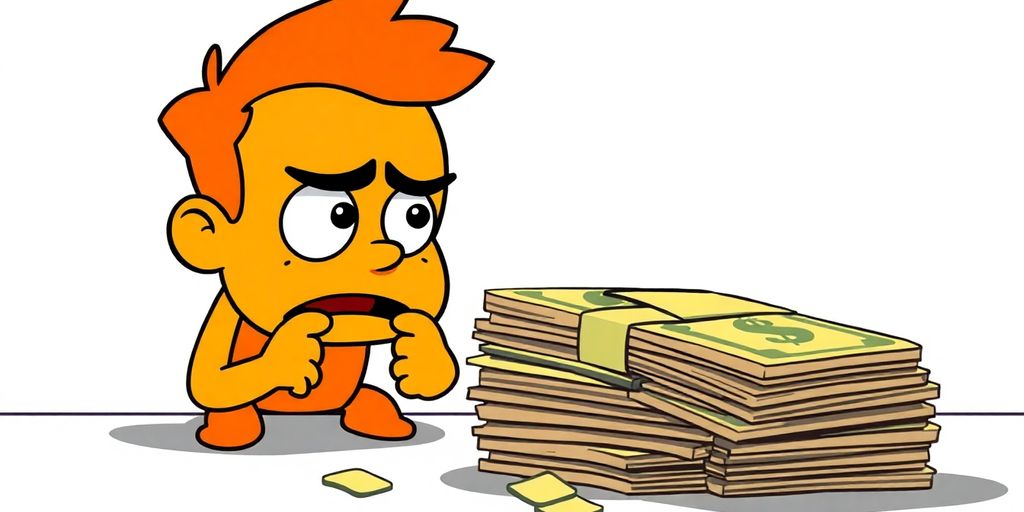 Cartoon character facing a pile of bills.