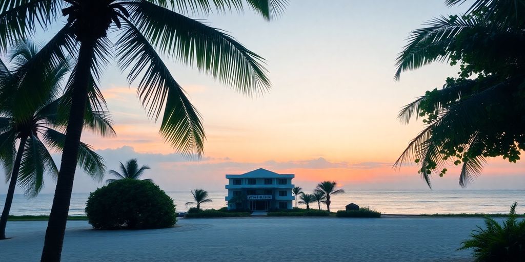 Tropical beach with medical clinic in distance.