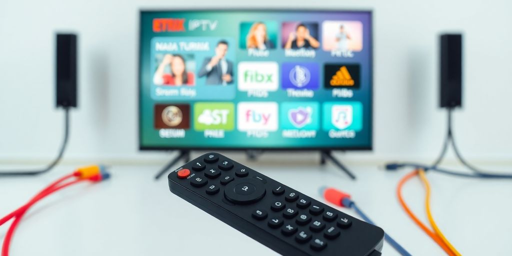 صورة توضح تقنية IPTV مع جهاز تحكم وشاشة تلفاز