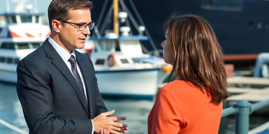 Maritime attorney consulting with a client by the docks.