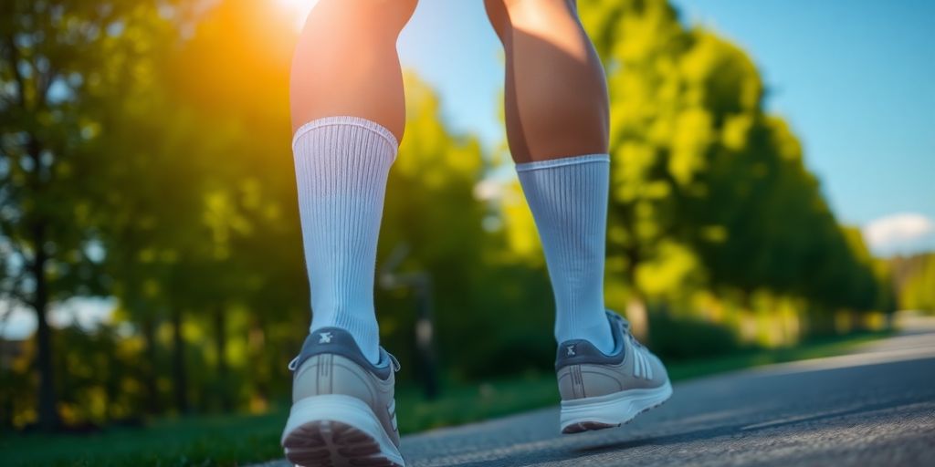 Person wearing compression socks, walking outdoors.