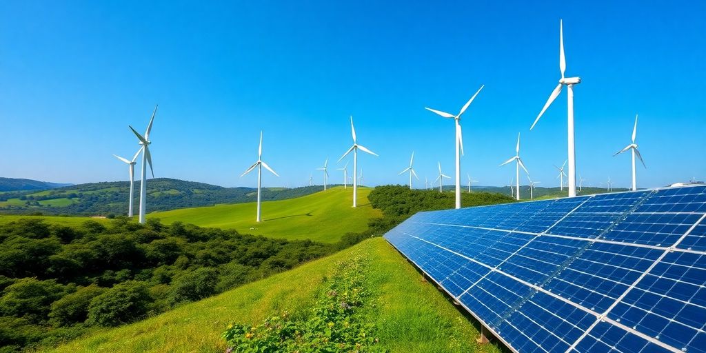 Énergie renouvelable avec éoliennes et panneaux solaires.