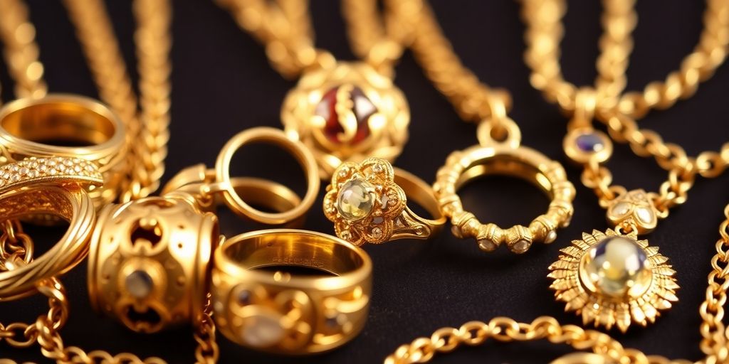 Bijoux en or vintage sur fond neutre.