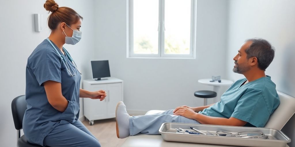 Medical professional, patient, clinic setting.