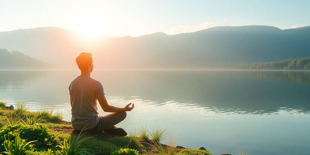 Person meditating by a peaceful lake with greenery.