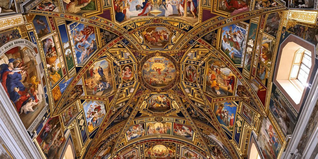 Frescoes of the Sistine Chapel ceiling by Michelangelo.